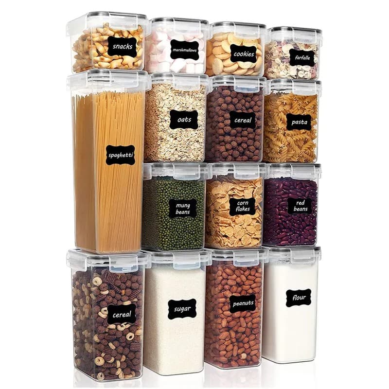 Cutii de depozitare alimente, Flippy, Set din 15 Cutii pentru Condimente, Cereale, Cutii pentru Bucatarie, din Plastic PP