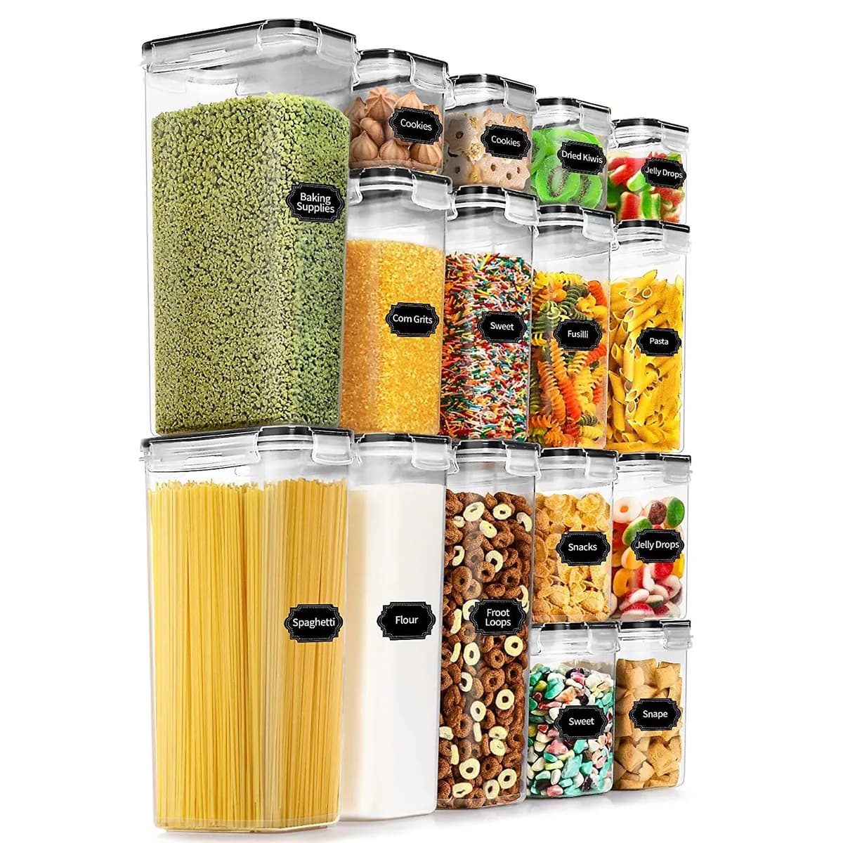 Cutii de depozitare alimente, Flippy, Set din 16 Cutii pentru Condimente, Cereale, Cutii pentru Bucatarie, din Plastic PP
