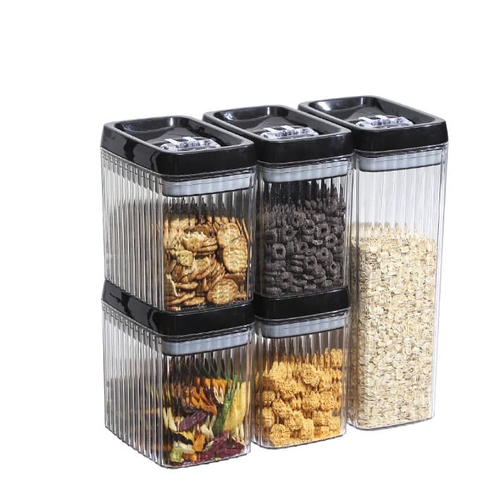 Set 5 Recipiente din Plastic, Flippy, pentru Alimente/Obiecte, Inchidere Ermetica, Textura Ondulata, 4 x 1.5l, 1 x 3.3 l