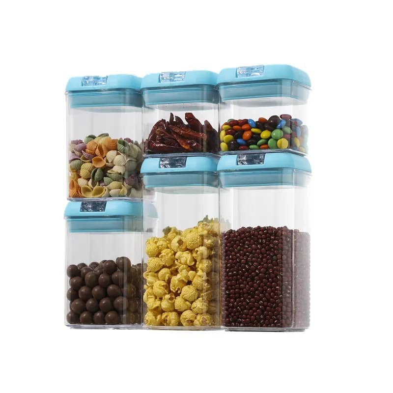 Set 6 Cutii de Depozitare Alimente, Flippy, 2 x 500ml, 2 x 800ml, 2 x 1200ml, Capac Albastru, din PP+PET, Inchidere