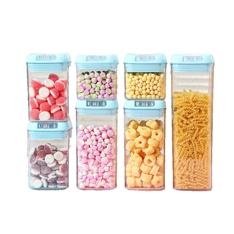 Set 7 Cutii de Depozitare Alimente, Flippy, 2 x 500ml, 2 x 800ml, 2 x 1200ml, 1 x 1900 ml, Capac Albastru, din PP+PET
