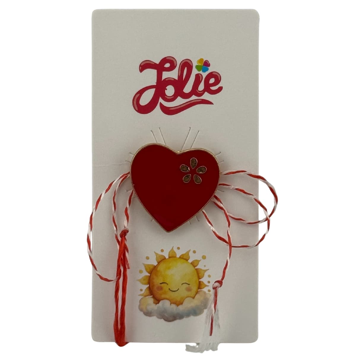 Martisor pentru copii, Jolie, Material Metal, Ambalaj Carton cu Design, Dimensiune Brosa Aproximativ 2x2 cm, Multicolor, Model Inima Rosie