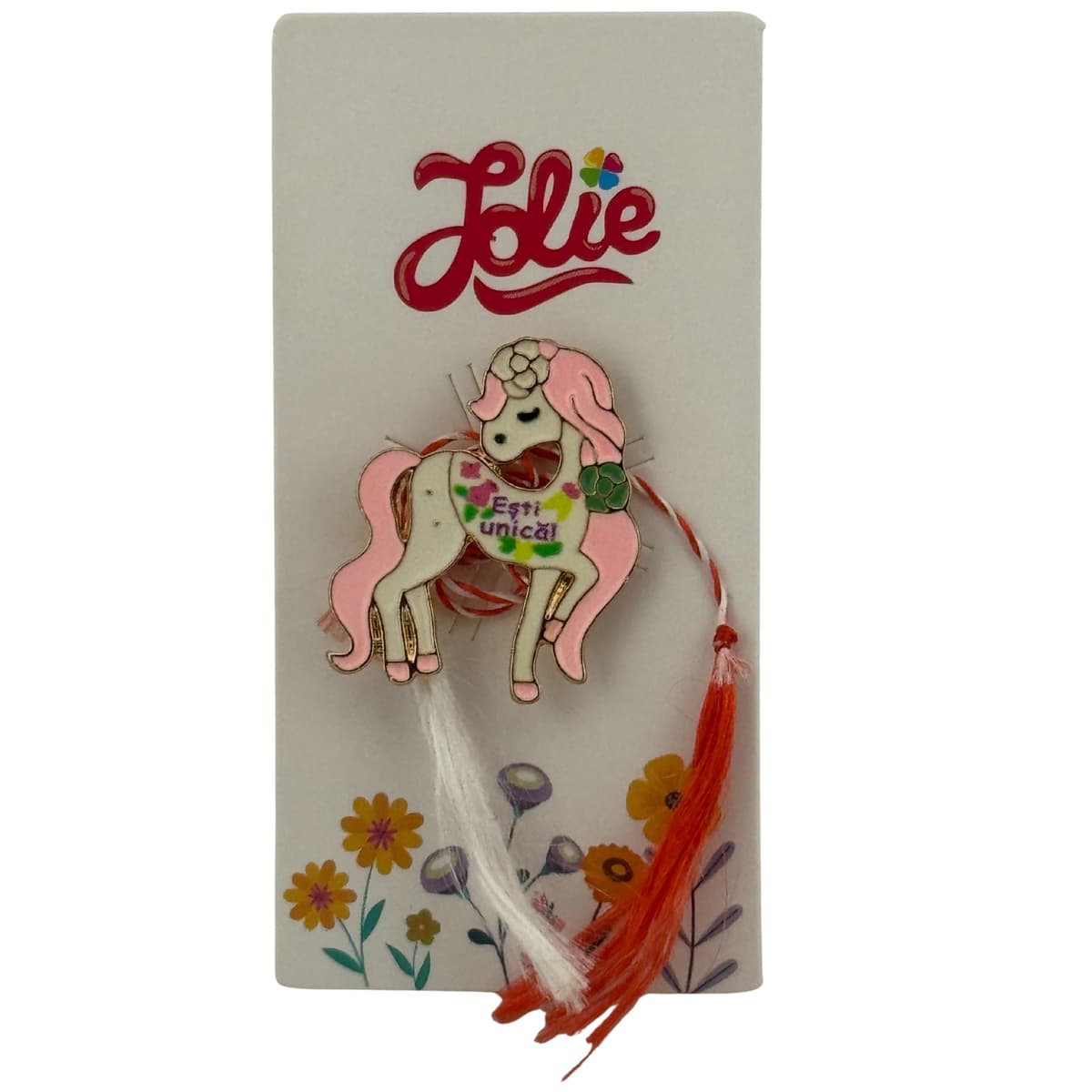 Martisor pentru copii, Jolie, Material Metal, Ambalaj Carton cu Design, Dimensiune Brosa Aproximativ 2x2 cm, Multicolor, cu