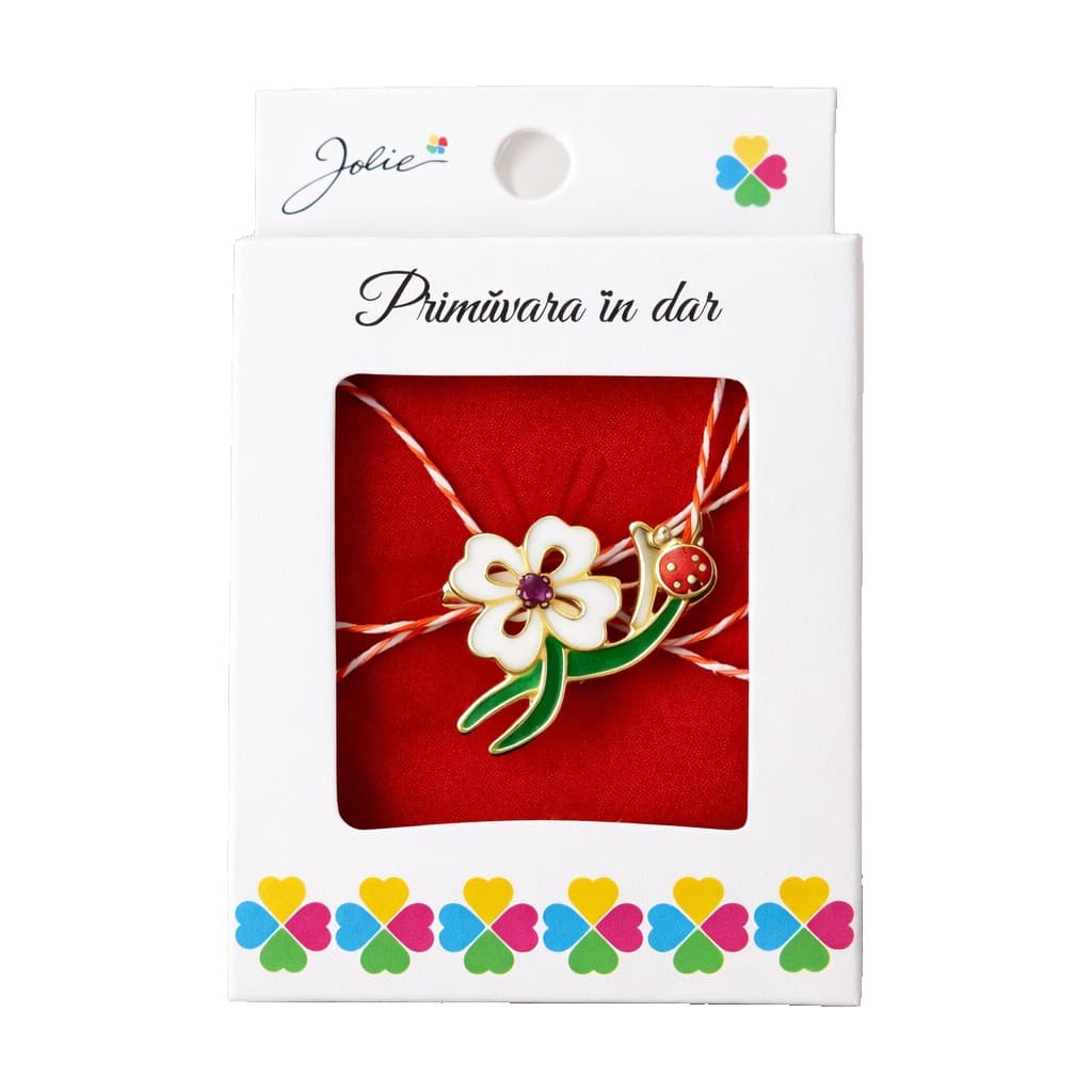 Martisor Brosa Mica in Cutie, Jolie, Dimensiune Brosa 2,5-3 cm, Material Metal, Model Trifoi Alb, Multicolor
