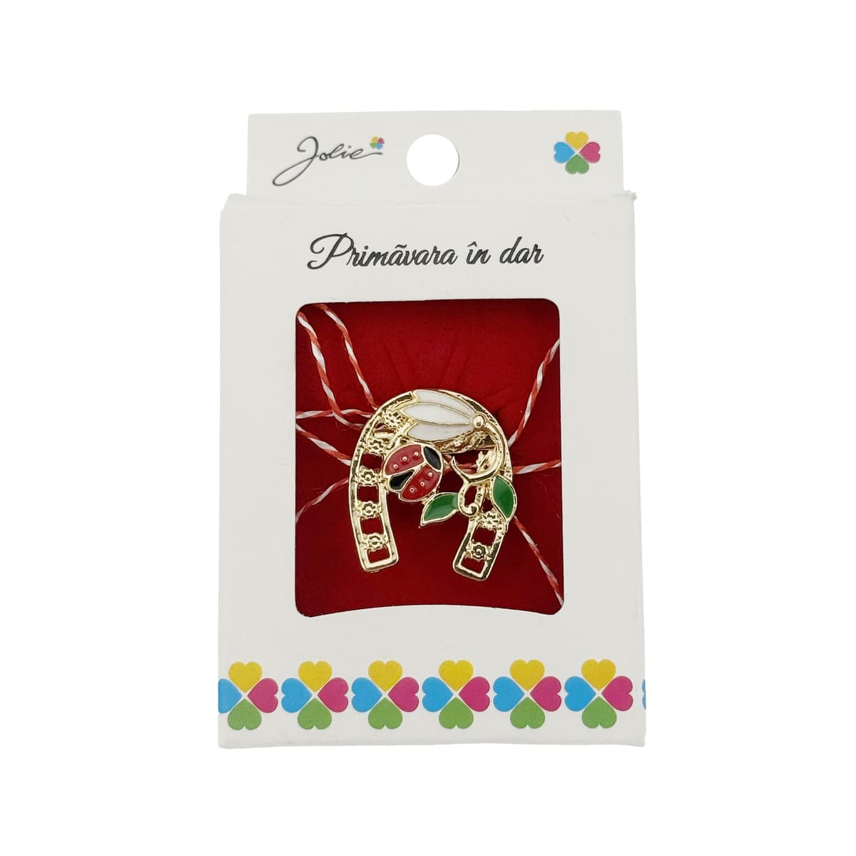 Martisor Brosa, Jolie, Model Potcoava cu Ghiocel si Buburuza, Metal Emailat in Culori, Sistem de Prindere cu Ac, Dimensiune