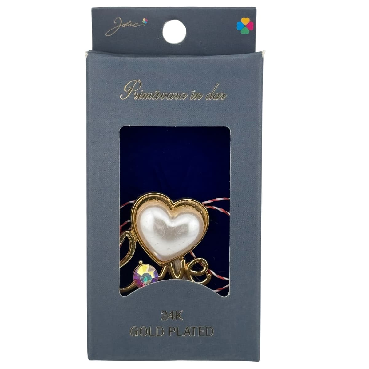 Martisor Brosa Placata cu Aur 24K, Jolie, Dimensiune Brosa 2-3 cm, Model Inima cu Piatra Argintie si Mesaj Love