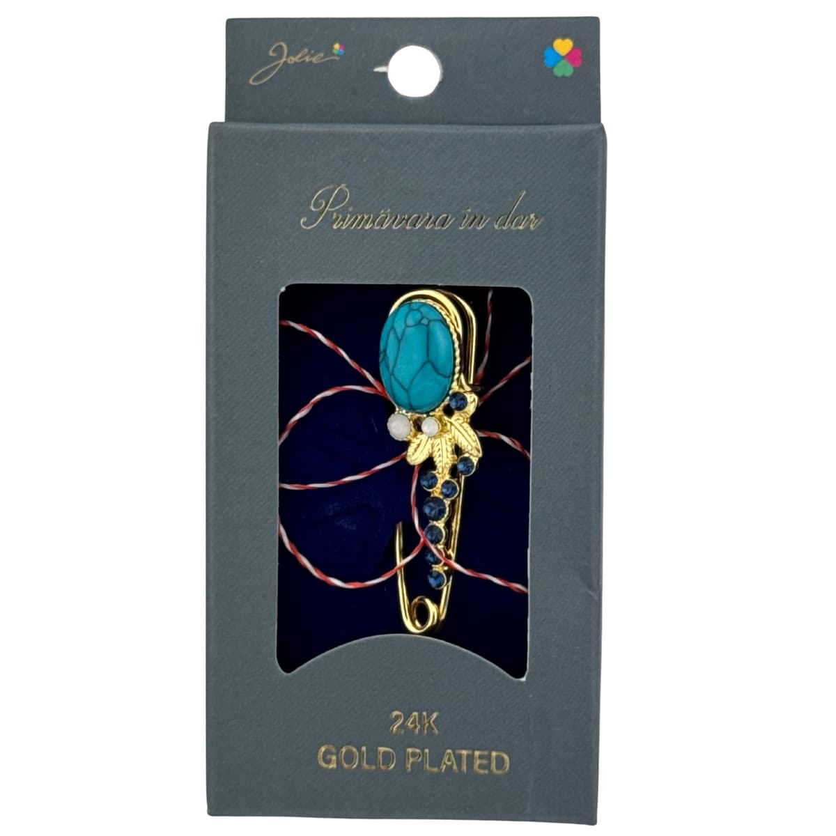 Martisor Brosa Placata cu Aur 24K, Jolie, Dimensiune Brosa 2-3 cm, Model Floare, Piatra Albastra, Auriu