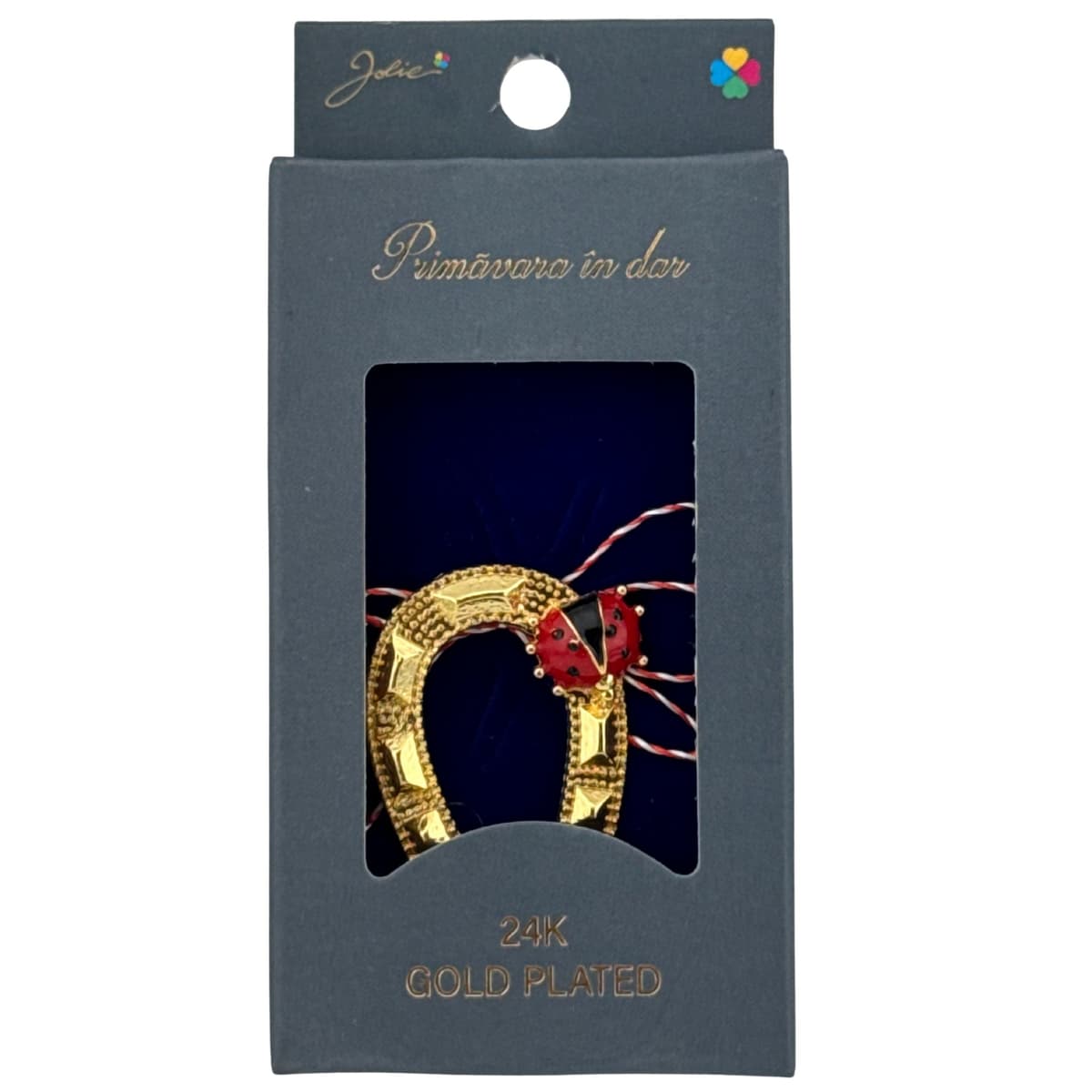 Martisor Brosa Placata cu Aur 24K, Jolie, Dimensiune Brosa 2-3 cm, Model Potcoava si Buburuza, Auriu