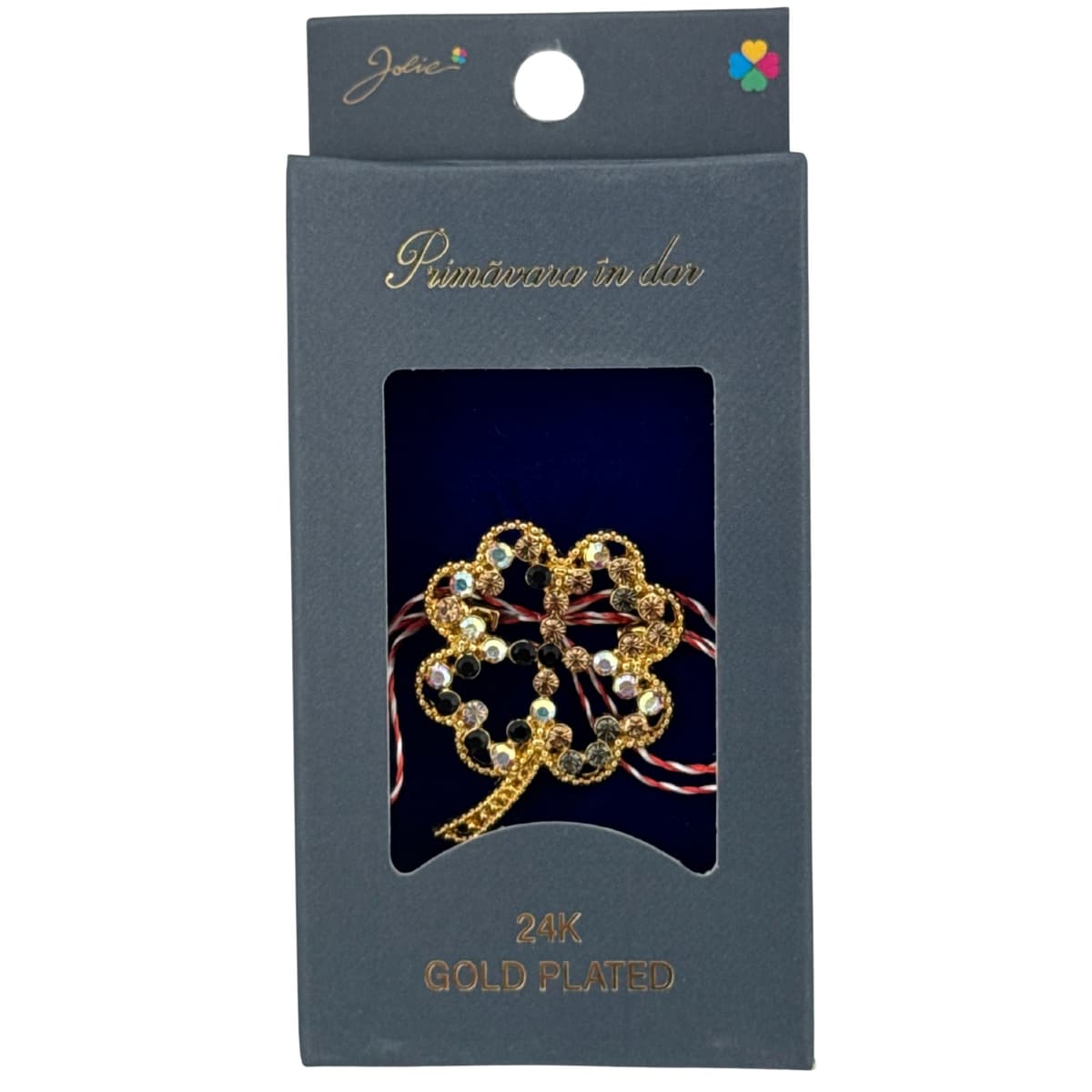 Martisor Brosa Placata cu Aur 24K, Jolie, Dimensiune Brosa 2-3 cm, Model Trifoi cu Pietricele, Auriu