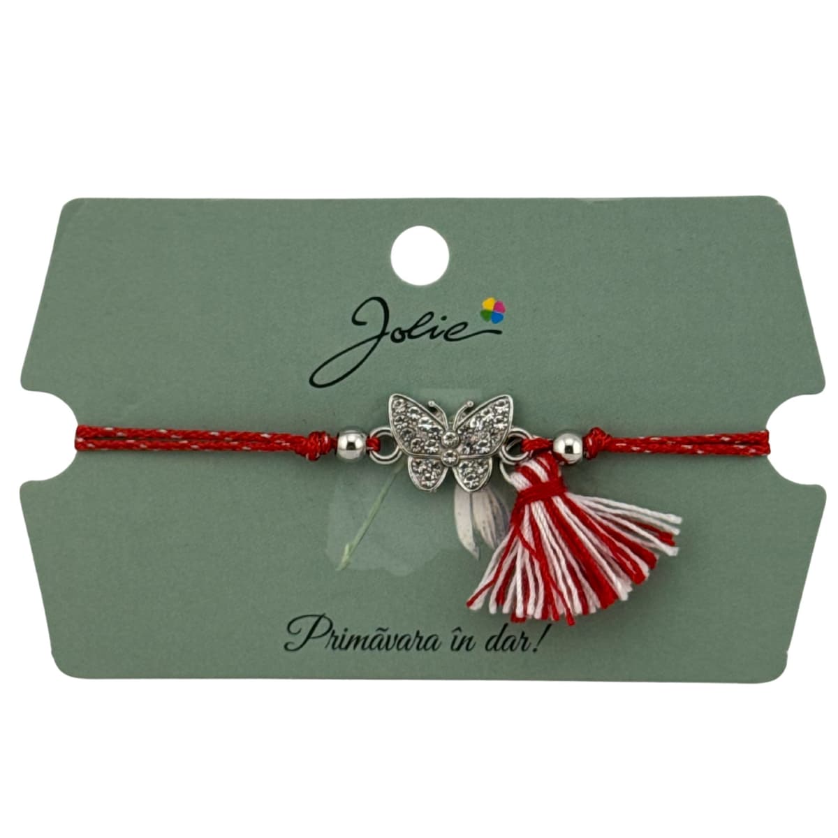 Martisor Bratara Ciucure, Jolie, Snur Rosu Reglabil, cu Pandantiv, Model Fluturas