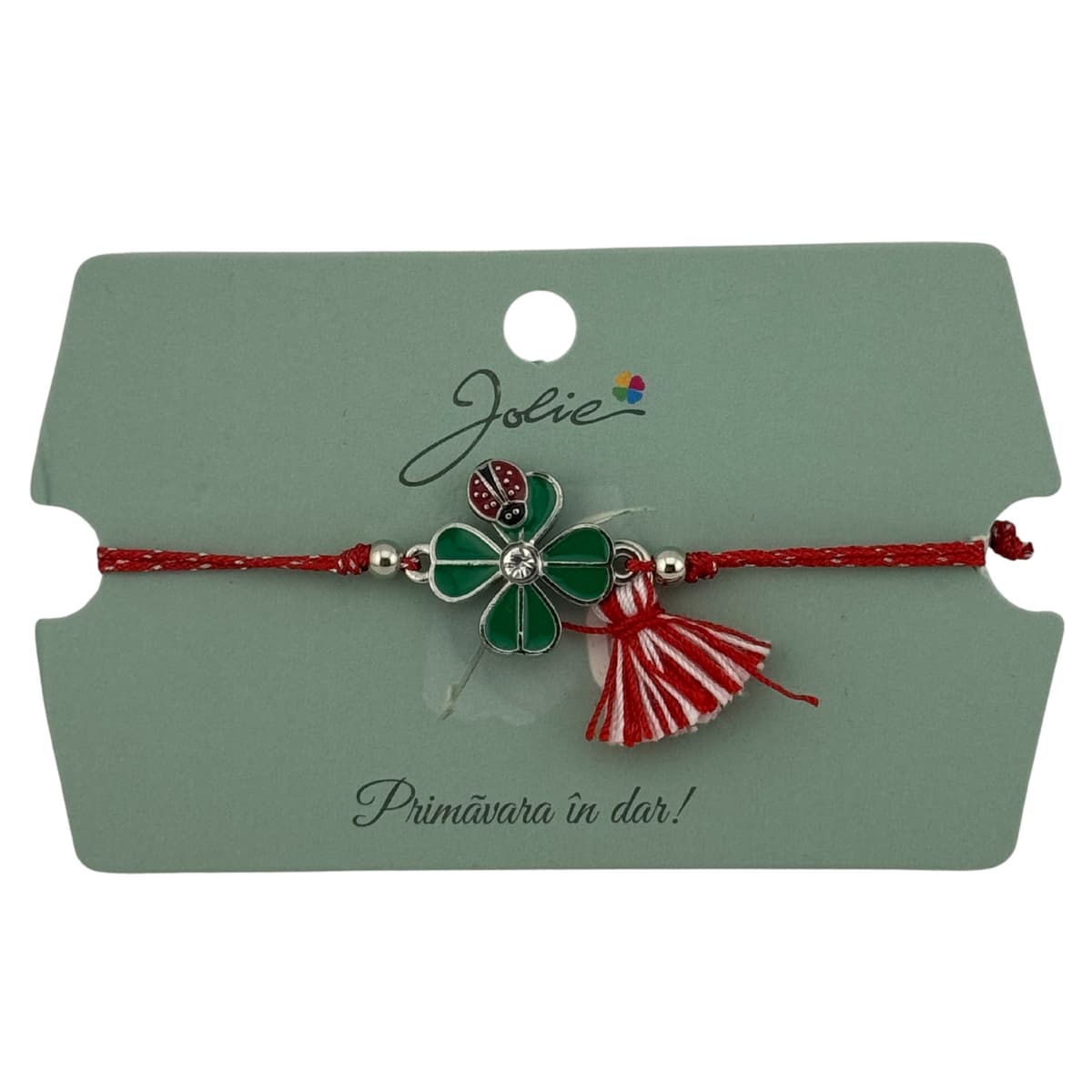Martisor Bratara Ciucure, Jolie, Snur Rosu Reglabil, cu Pandantiv, Model Trifoi Buburuza