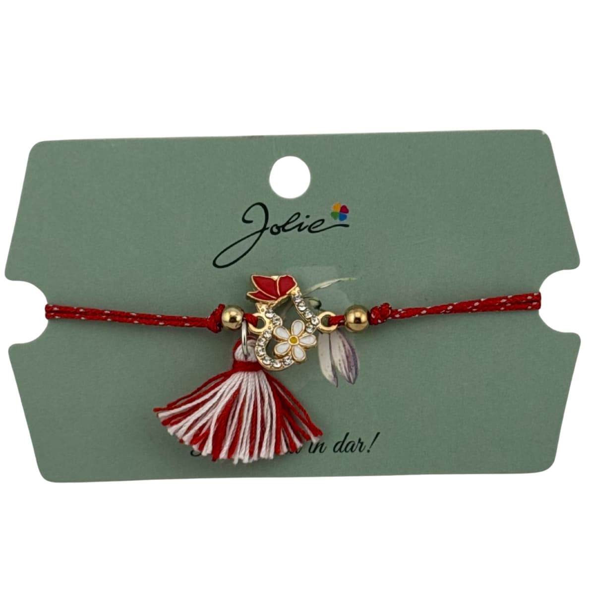Martisor Bratara Ciucure, Jolie, Snur Rosu Reglabil, cu Pandantiv, Model Fluture Floare