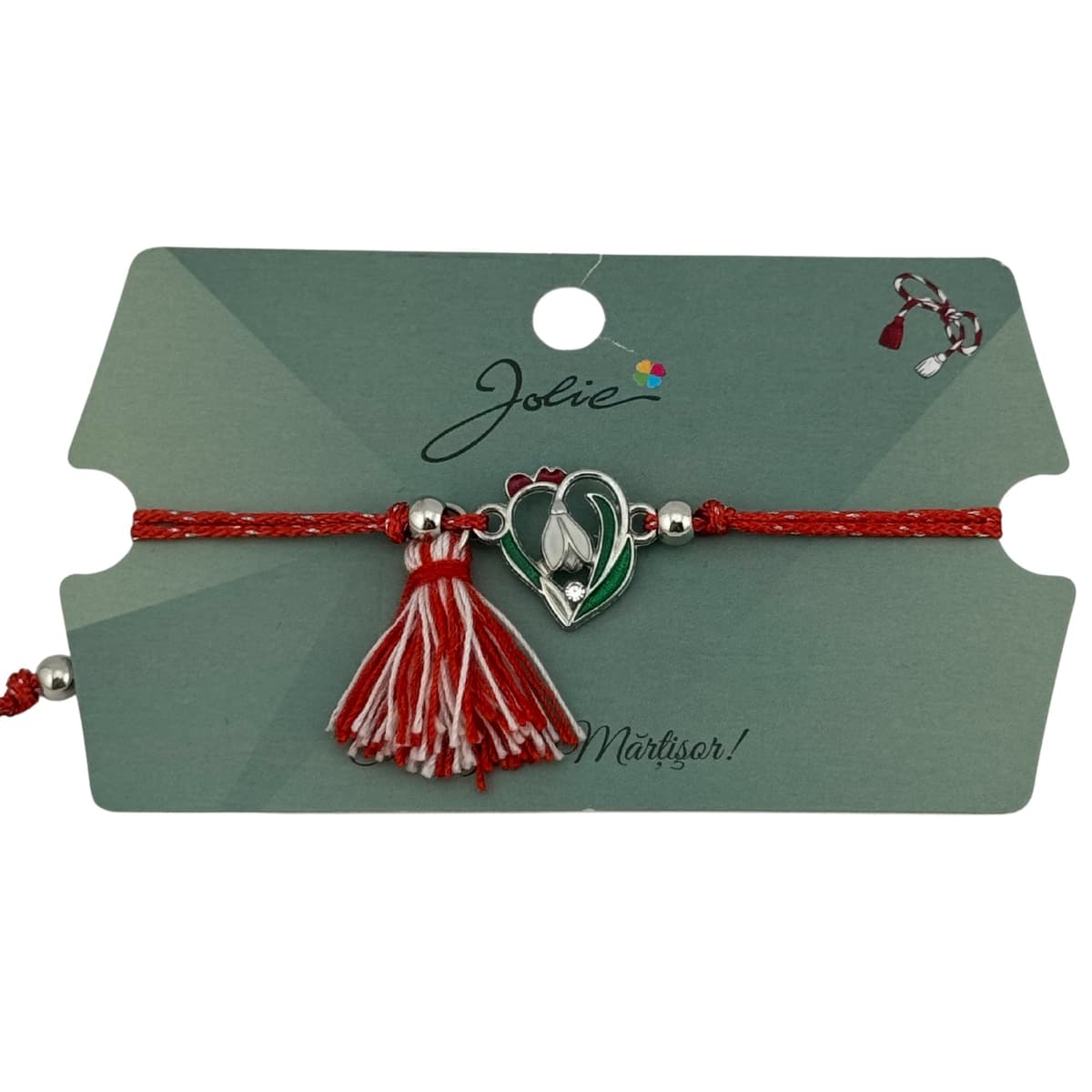 Martisor Bratara Ciucure, Jolie, Snur Rosu Reglabil, cu Pandantiv, Model Ghiocel Primavara