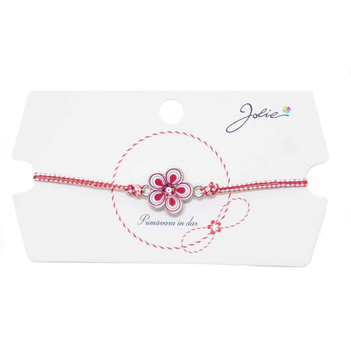 Martisor tip Bratara Traditionala cu Pandantiv, Jolie, Model Floare, Snur Impletit Alb/Rosu, Dimensiune Pandativ Aprox 2 cm, Ambalaj cu Design