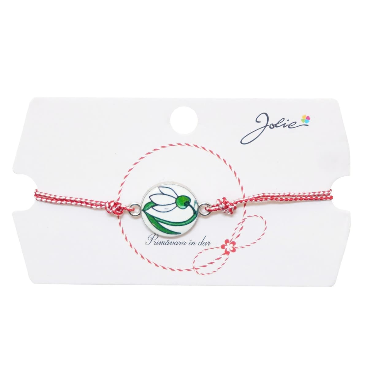 Martisor tip Bratara Traditionala cu Pandantiv, Jolie, Model Ghiocel, Snur Impletit Alb/Rosu, Dimensiune Pandativ Aprox 2 cm, Ambalaj cu Design