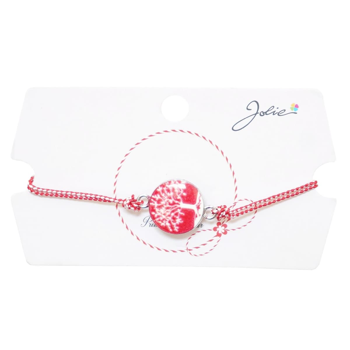 Martisor tip Bratara Traditionala cu Pandantiv, Jolie, Model Copacul Vietii, Snur Impletit Alb/Rosu, Dimensiune Pandativ
