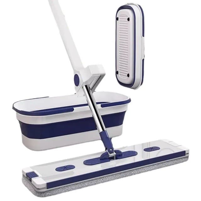 Mop Plat, Flippy, cu Galeata Pliabila, 2 Rezerve din Microfibra, 127 cm Tija Telescopica, Utilizare Umeda/Uscata, Recipient