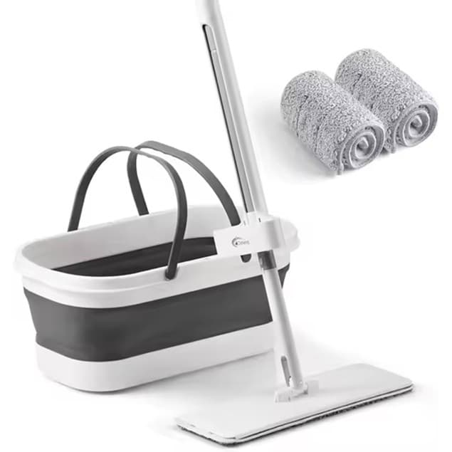 Mop Plat, Flippy, cu Galeata Pliabila, 2 Rezerve din Microfibra, 127 cm Tija Telescopica, Utilizare Umeda/Uscata, Recipient