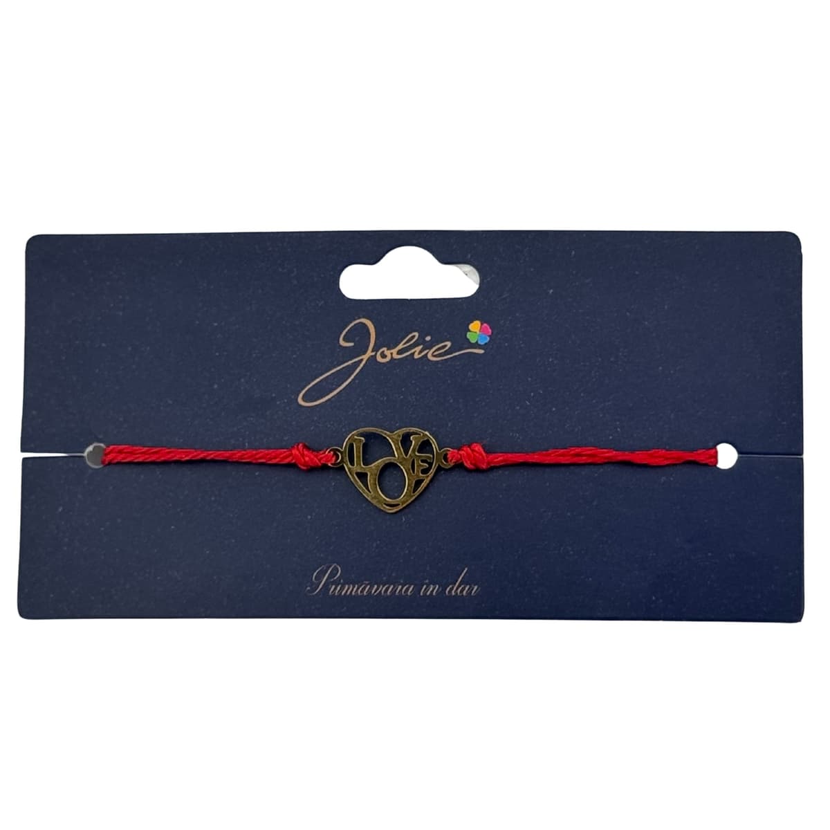 Martisor Bratara Primavara, Textil si Inox, Jolie, Snur Rosu, Model Inima Love, Auriu