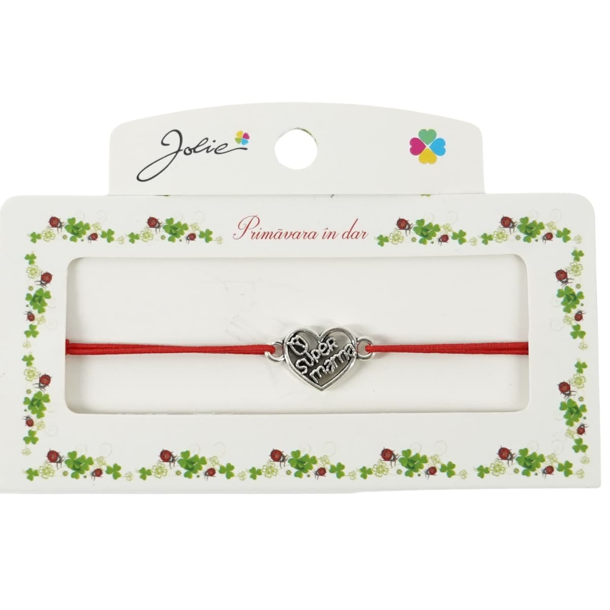 Martisor Bratara cu 2 Noduri Elastica, Jolie, Snur Rosu, Model Inima Super Mama