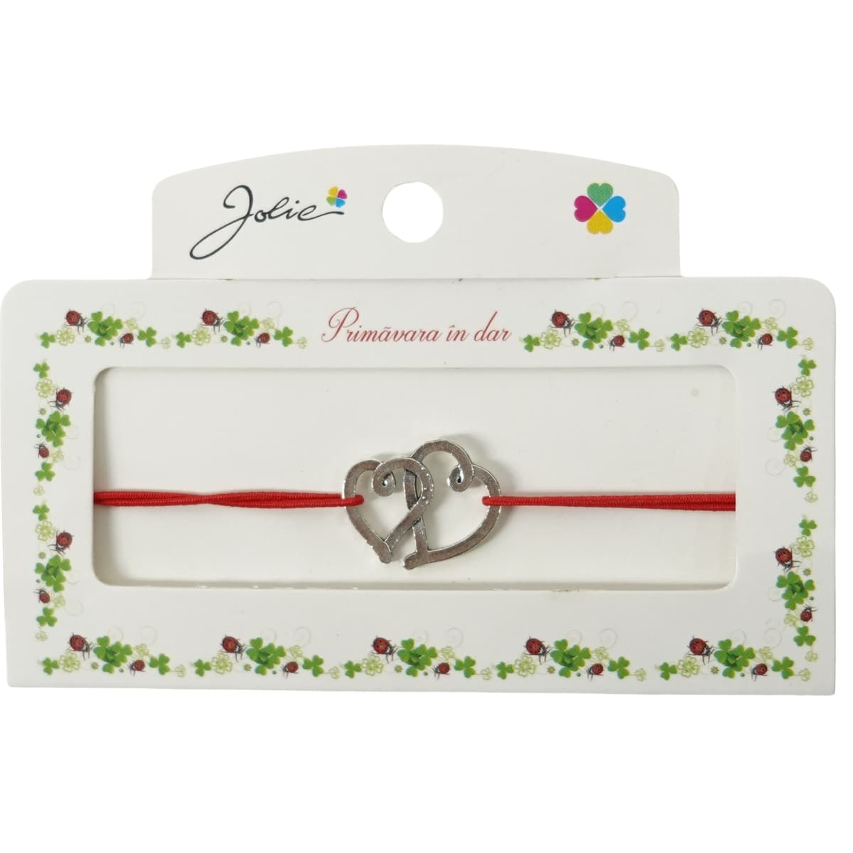 Martisor Bratara cu 2 Noduri Elastica, Jolie, Snur Rosu, Model Doua Inimi