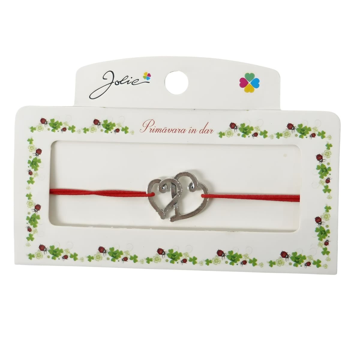 Martisor Bratara cu 2 Noduri, Jolie, Snur Rosu, Model Inimioare, Elastica, Dimensiune Reglabila, Ambalata Individual, Rosu/Argintiu