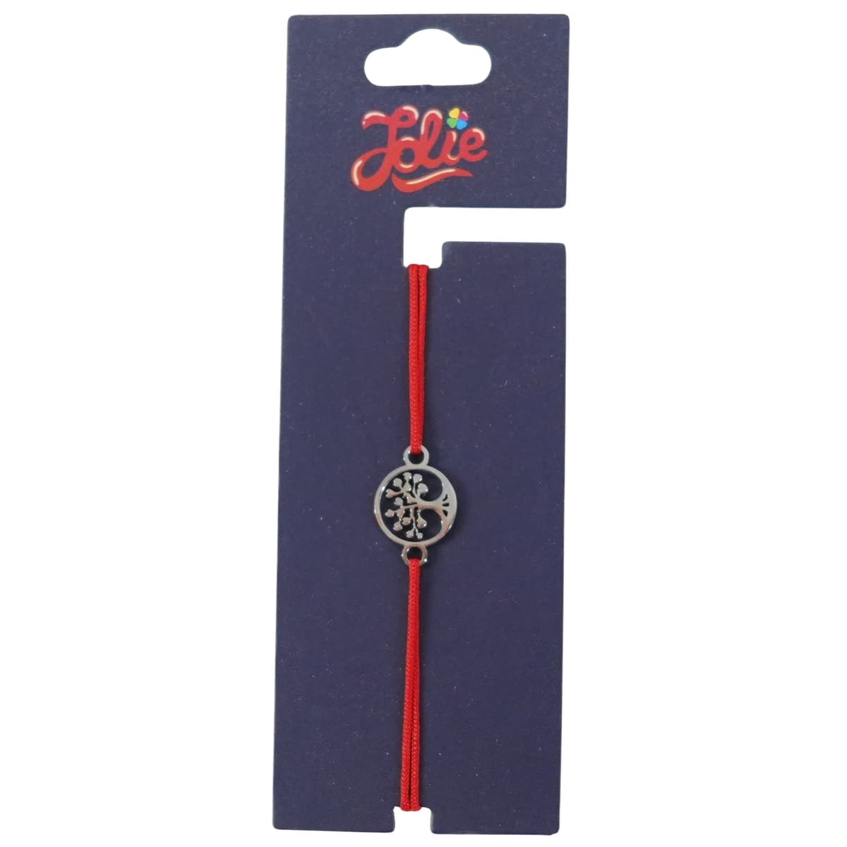 Martisor Bratara din Inox pentru Copii, Jolie, Textil si Inox, Snur Rosu, Model Copacul Vietii, Argintiu