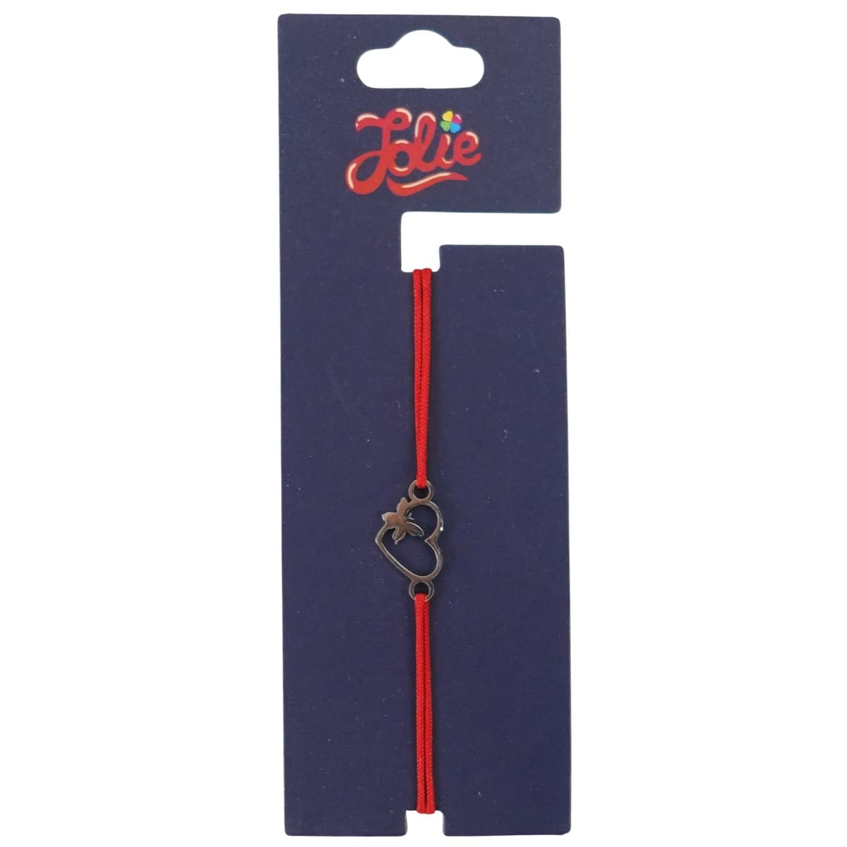 Martisor Bratara din Inox pentru Copii, Jolie, Textil si Inox, Snur Rosu, Model Inima Fluture, Argintiu
