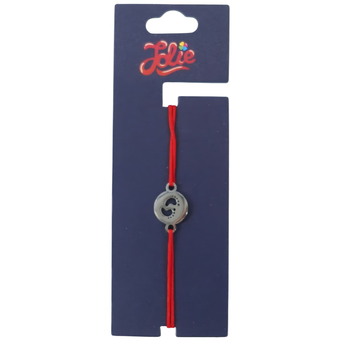 Martisor Bratara din Inox pentru Copii, Jolie, Textil si Inox, Snur Rosu, Model Talpi, Argintiu