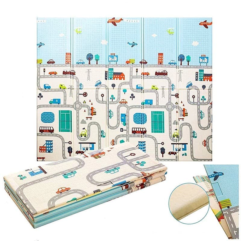 Covoras pentru Copii, Flippy, cu 2 Fete, Model Trafic/Girafe, din XPE+PE, Impermeabil, Antiderapant, Protectie Termica, +3