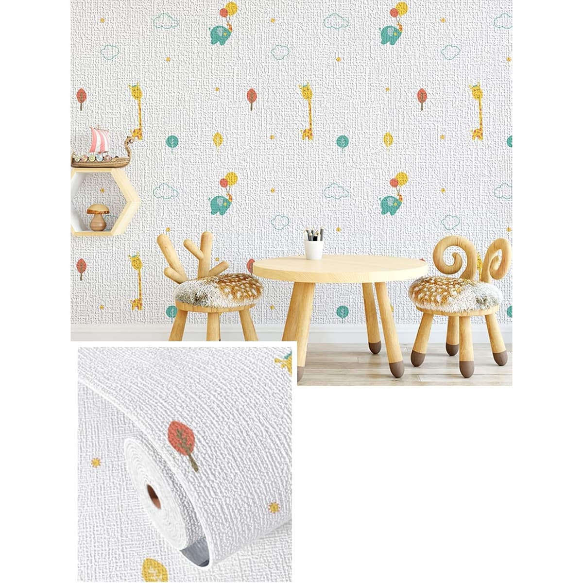 Rola Autoadeziva pentru Perete, Flippy, din Panza, 10 m, Rezistenta la Umezeala, 2.5 mm Grosime, Model Girafa si Elefant