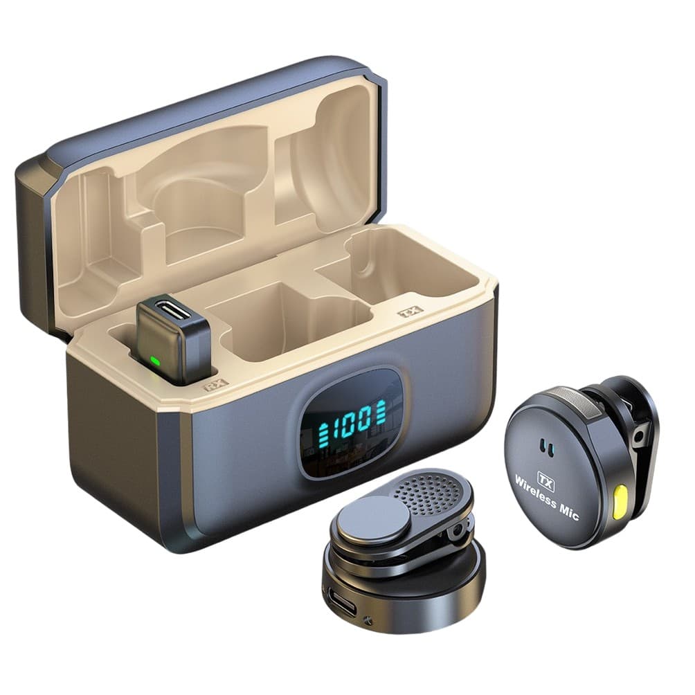 Set 2 Microfoane Profesionale Lavaliere, Flippy, Type C cu Adaptoare iPh si USB 3.0, Casca montorizare, Cutie incarcare