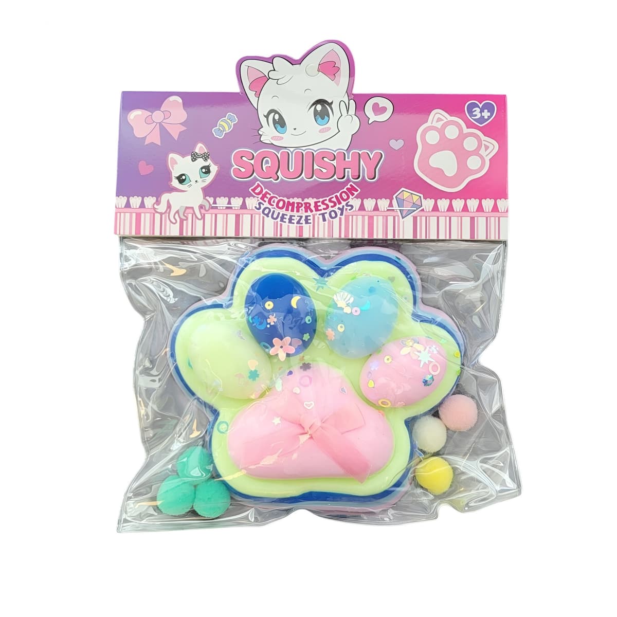 Jucarie Antistres Squishy, Flippy, cu Revenire Lenta, Squeeze Pinch Family, Model Cat Paw, 12.5x10.5 cm, 220g, Ambalaj Transparent, Model 7, Albastru Multicolor