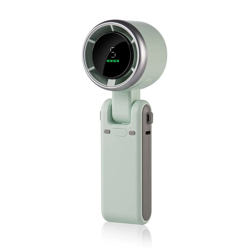 Mini Ventilator Portabil, Flippy, 5 Trepte de Viteza, Afisaj Digital, Incarcare USB, 5V, 2A, 5.95 x 5.2 x 17.2 cm, Verde