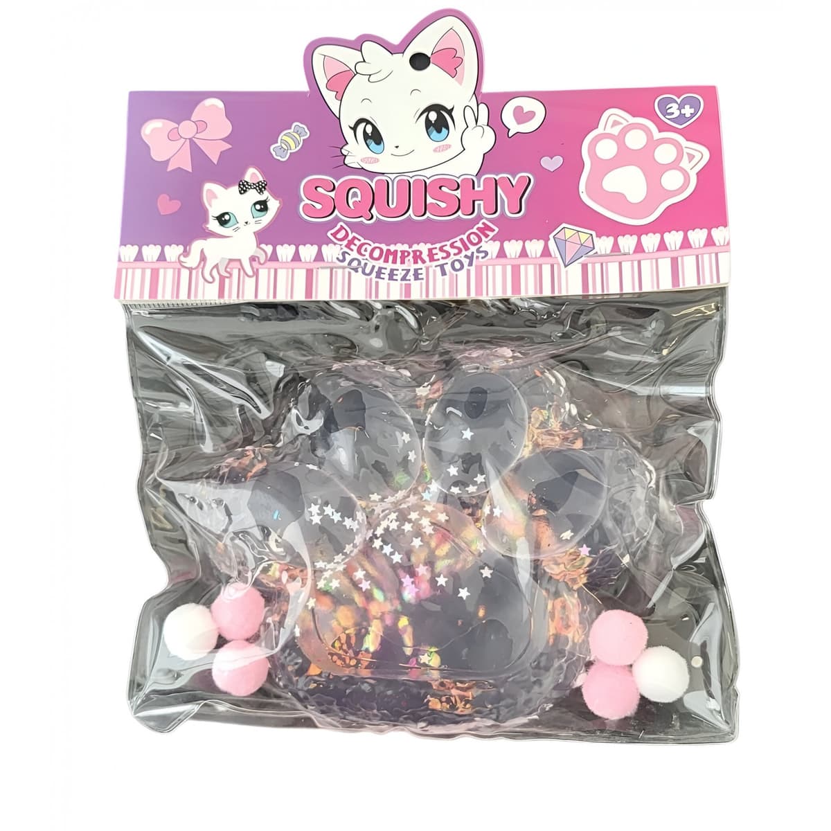 Jucarie Antistres Squishy, Flippy, cu Revenire Lenta, Model Labuta de Pisica Pufoasa, 12.5x10.5 cm, 220g, Squeeze Pinch Family, Roz transparent