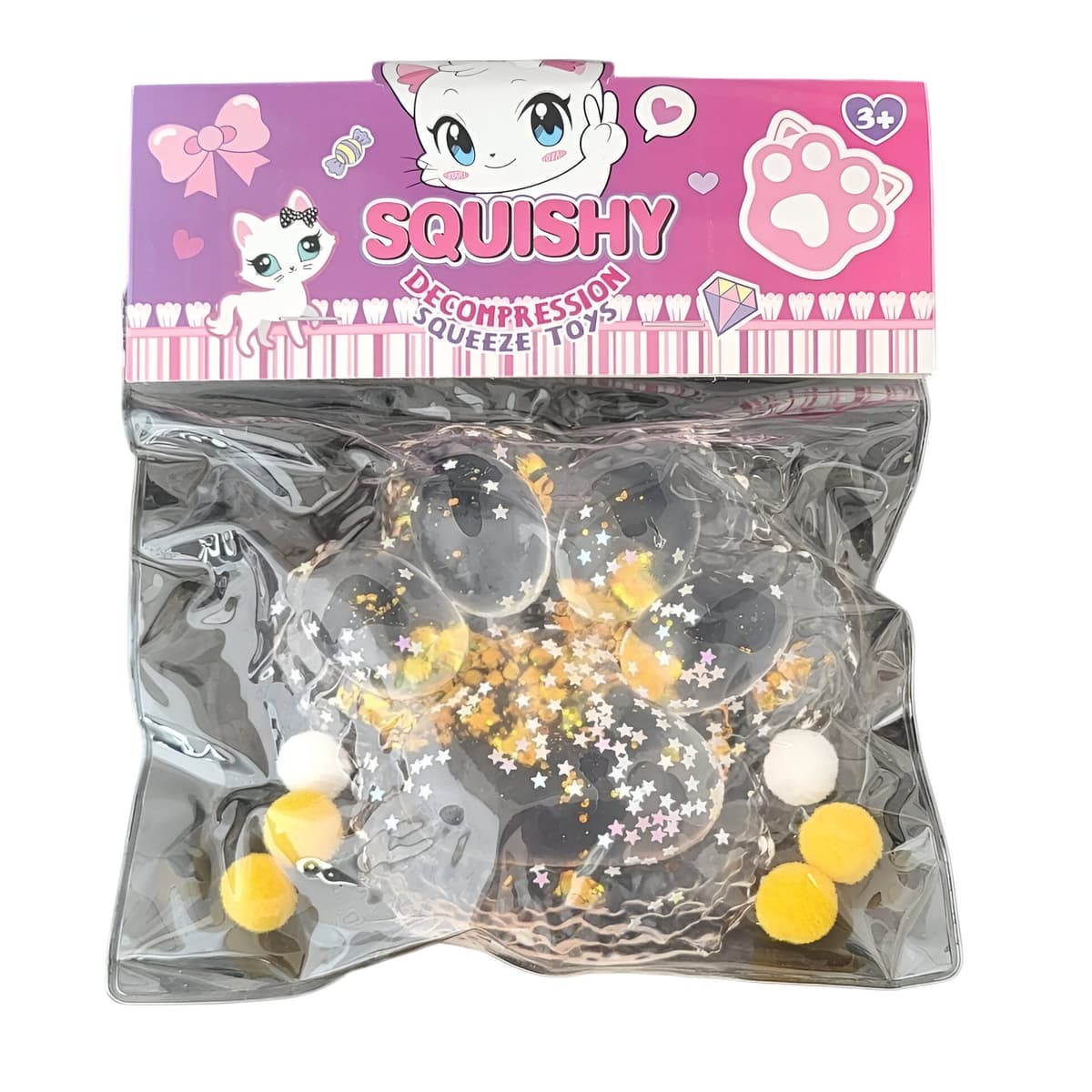 Jucarie Antistres Squishy, Flippy, cu Revenire Lenta, Model Labuta de Pisica Pufoasa, 12.5x10.5 cm, 220g, Squeeze Pinch Family, Galben Transparent