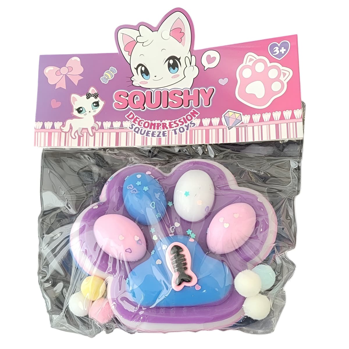 Jucarie Antistres Squishy, Flippy, cu Revenire Lenta, Model Labuta de Pisica Pufoasa, 12.5x10.5 cm, 220g, Squeeze Pinch Family, Mov