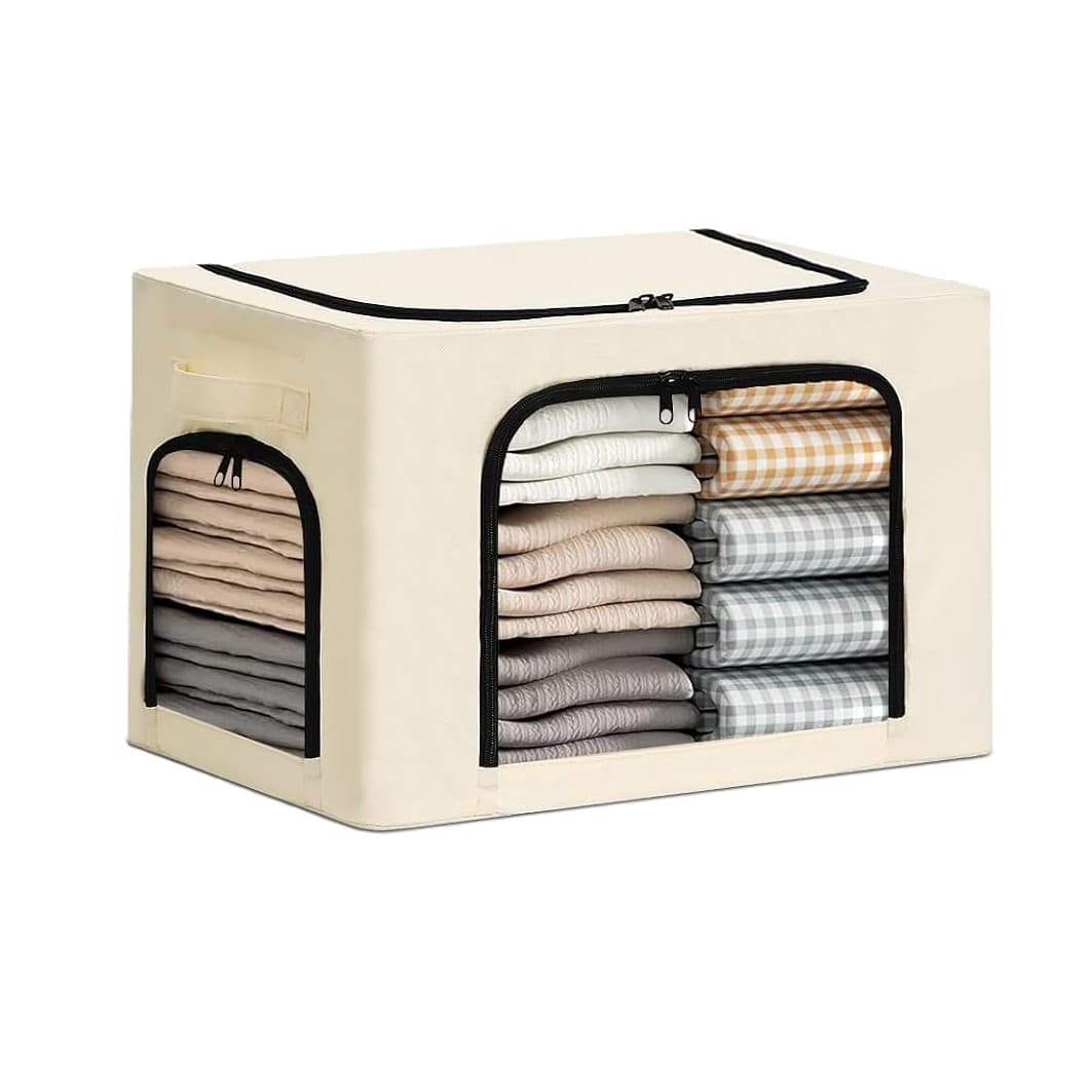 Cutie de Depozitare, Flippy, cu 3 Ferestre cu Fermoar Bidirectional, Cadru din Otel, Impermeabil, 38L, 42 x 30 x 30 cm, Bej