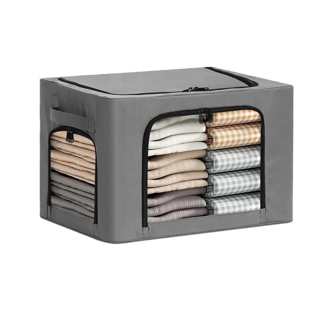 Cutie de Depozitare, Flippy, cu 3 Ferestre cu Fermoar Bidirectional, Cadru din Otel, Impermeabil, 38L, 42 x 30 x 30 cm, Gri