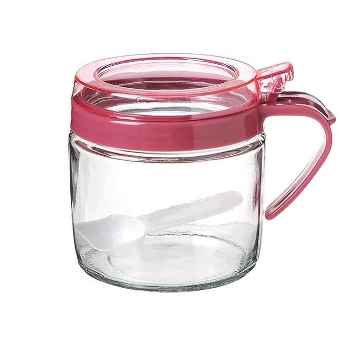 Recipient Condimente, Flippy, din Stilca, 180 ml, cu Maner si Lingurita, 8 x 9 cm, Capac Transparent, Roz