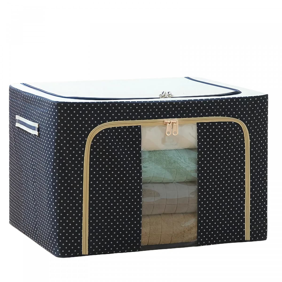 Cutie de Depozitare Pliabila, Flippy, Cu Fermoar, 66 L, Textil, 50 x 40 x 33 cm, Cadru Metalic, Suport Baza Stabil din Plastic, Imprimeu Buline, Albastru Marin