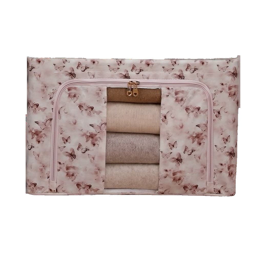 Cutie Depozitare, Flippy, 66L, din Material Textil, 50 x 40 x 33 cm, pentru Haine si Lenjerii, Model Fluturasi, Roz/Gri