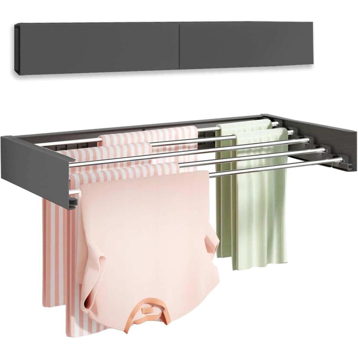 Suport Haine, Flippy, Depozitare si Uscare Rufe, din Aluminiu, Pliabil, Impermeabil, Montare prin Perforare, 80 cm, Negru