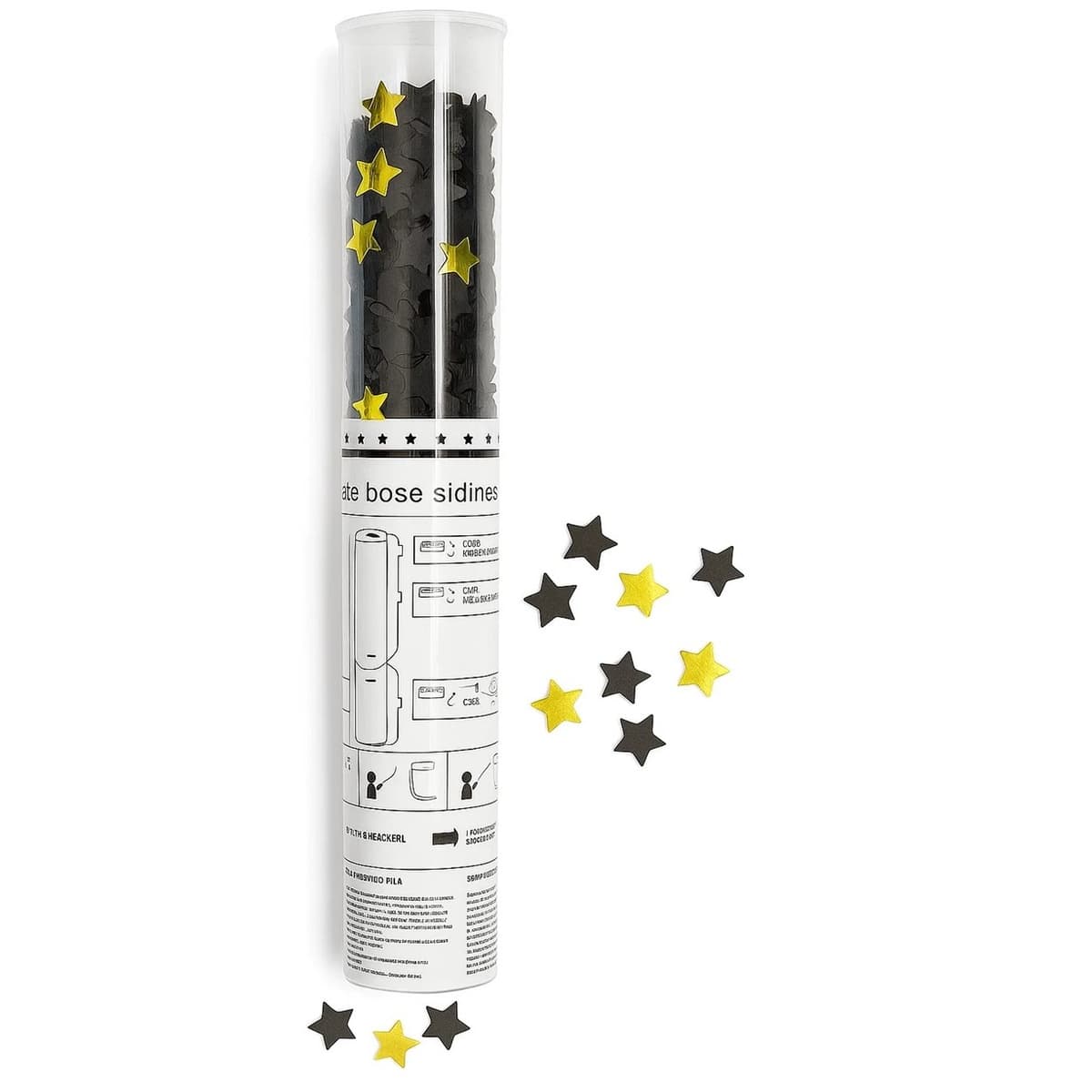 Tun de Confetti, Flippy, 40 cm, Model Stelute din Folie si Hartie, Ambalaj PET, Negru