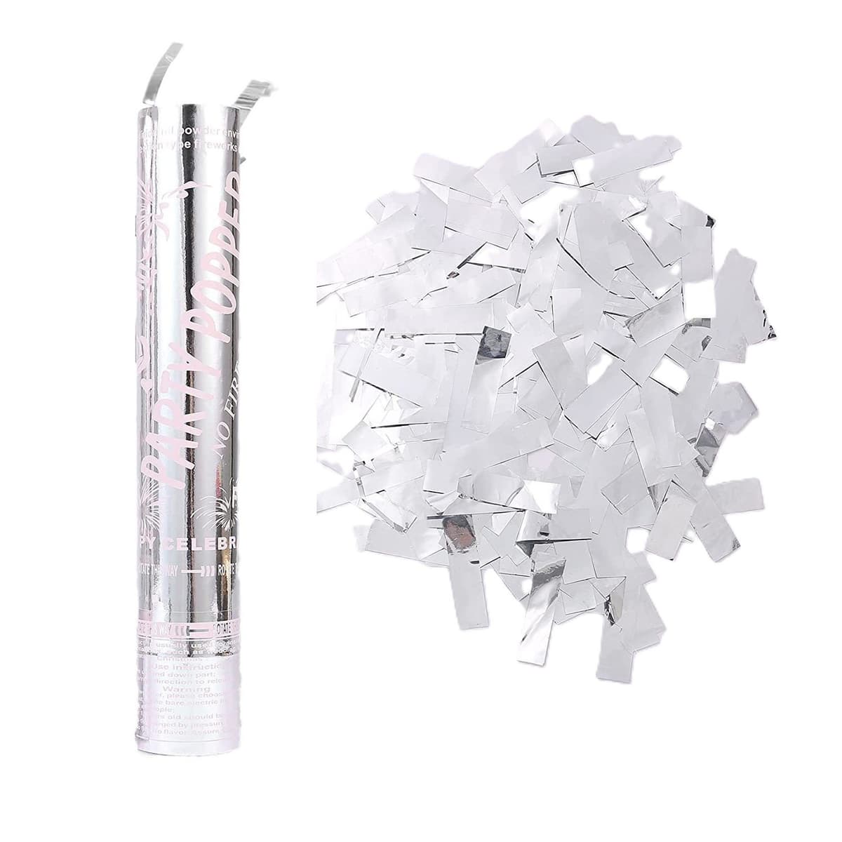 Tub de Confetti, Flippy, Party Popper, 30x5 cm, Confetii Lucioase Rezistente la Foc, Eliberare prin Rasucire, Argintiu