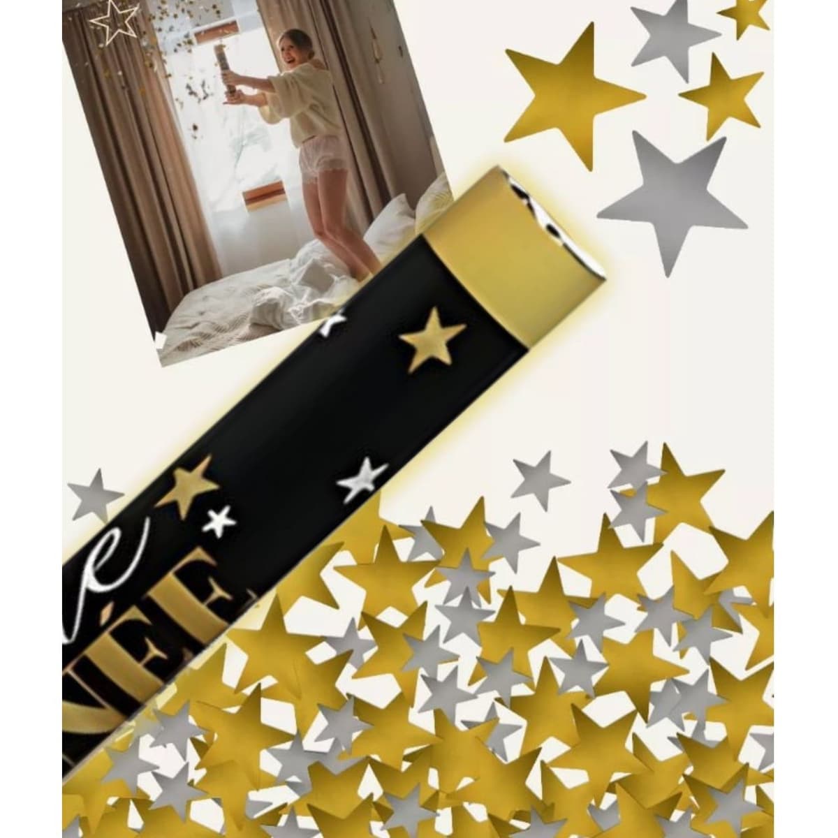 Tub de Confetti, Flippy, Bonne Annee, 30x5 cm, Confetii Stelute din Aluminiu, Auriu/Argintiu