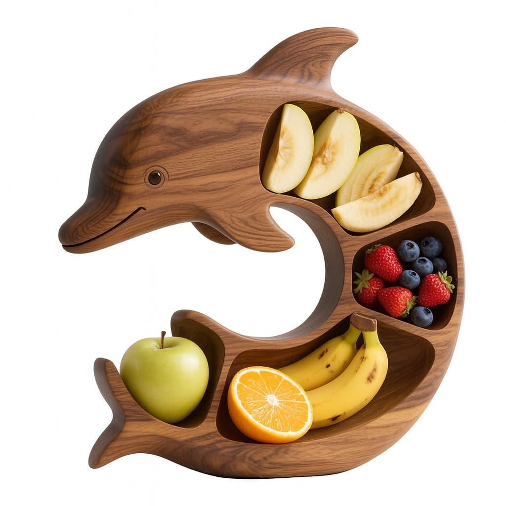 Platou pentru Servire, Flippy, in Forma de Delfin, 4 Compartimente pentru Mezeluri, Branzeturi, Snacksuri, Fructe, Design