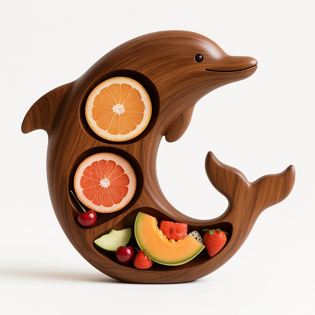 Platou pentru Servire, Flippy, in Forma de Delfin, 3 Compartimente pentru Mezeluri, Branzeturi, Snacksuri, Fructe, Design