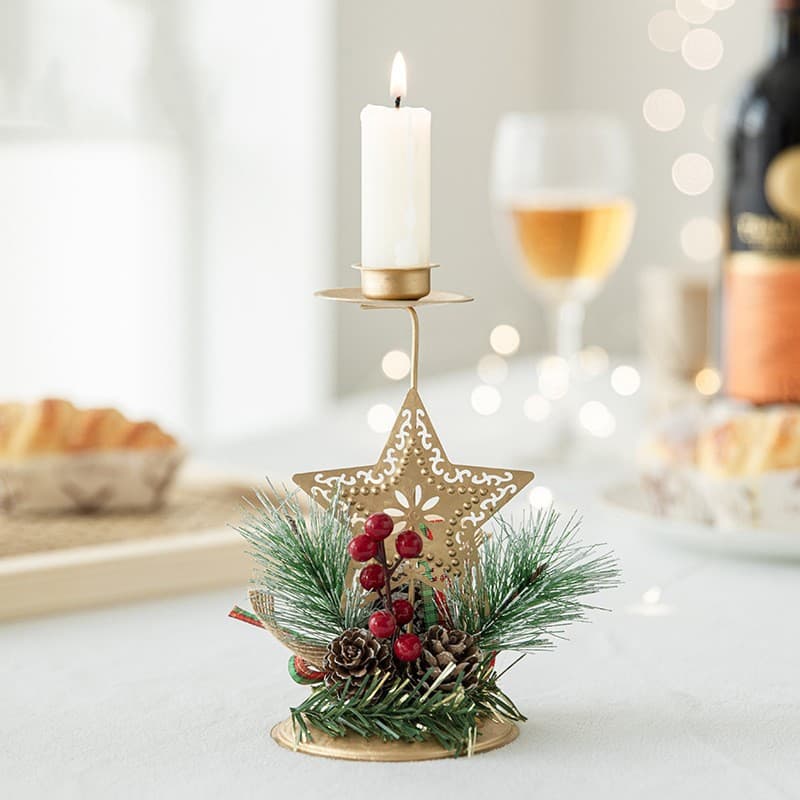 Suport Decorativ pentru Lumanare de Craciun, Flippy, Ornament pentru Lumanare, Model Stea Aurie cu Crengute de Brad, din Art Metal, pentru Masa, fara Lumanare 15 x 8 cm, Auriu