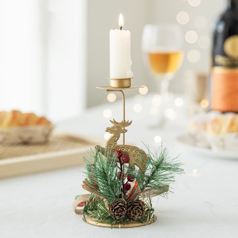 Suport Decorativ pentru Lumanare de Craciun, Flippy, Ornament pentru Lumanare, Model Ren Auriu cu Crengute de Brad, din Art Metal, pentru Masa, fara Lumanare 15 x 8 cm, Auriu